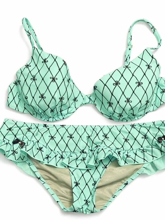 Betsey Johnson Mint Green Floral Grid Ruffle With Bows Bikini Set Lg - Picture 8 of 10
